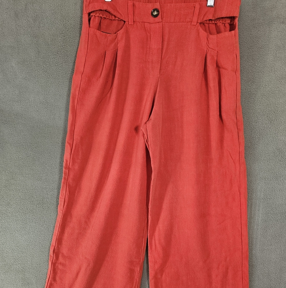 Monteau Los Angeles Womens XL Wide Leg Pants Red Linen Blend Waist Eyelet Boho